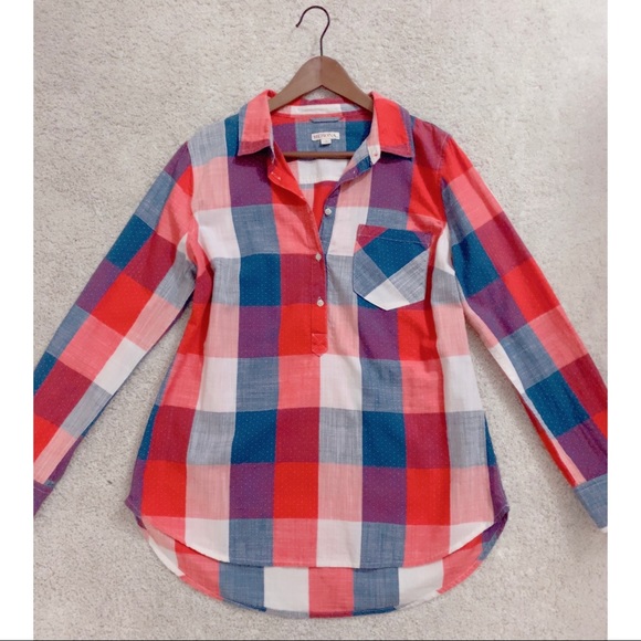 Merona Blue Red Dotted Checkered Shirt Top Blouse L Large - Picture 4 of 7